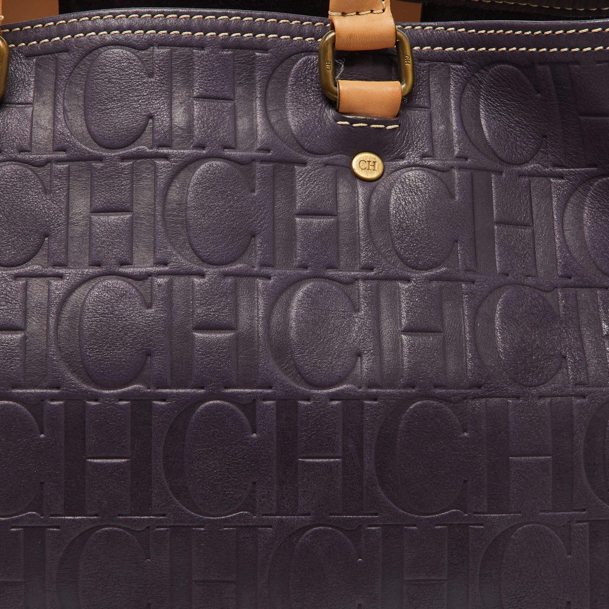 Women's CH Carolina Herrera Purple/Beige Monogram Leather Andy Shopper Tote For Sale