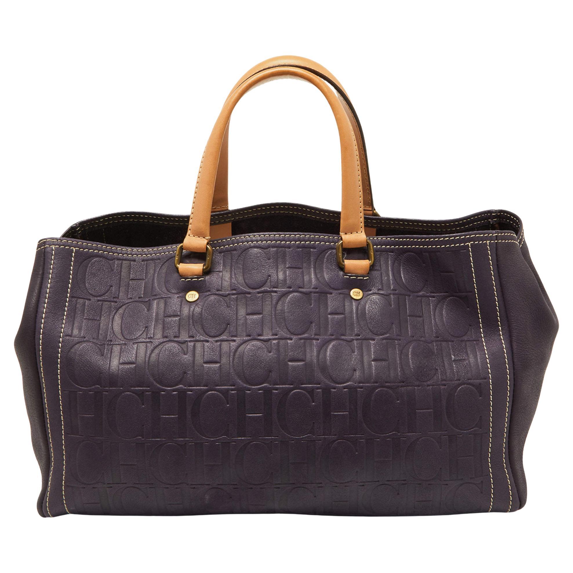 CH Carolina Herrera Purple/Beige Monogram Leather Andy Shopper Tote For Sale