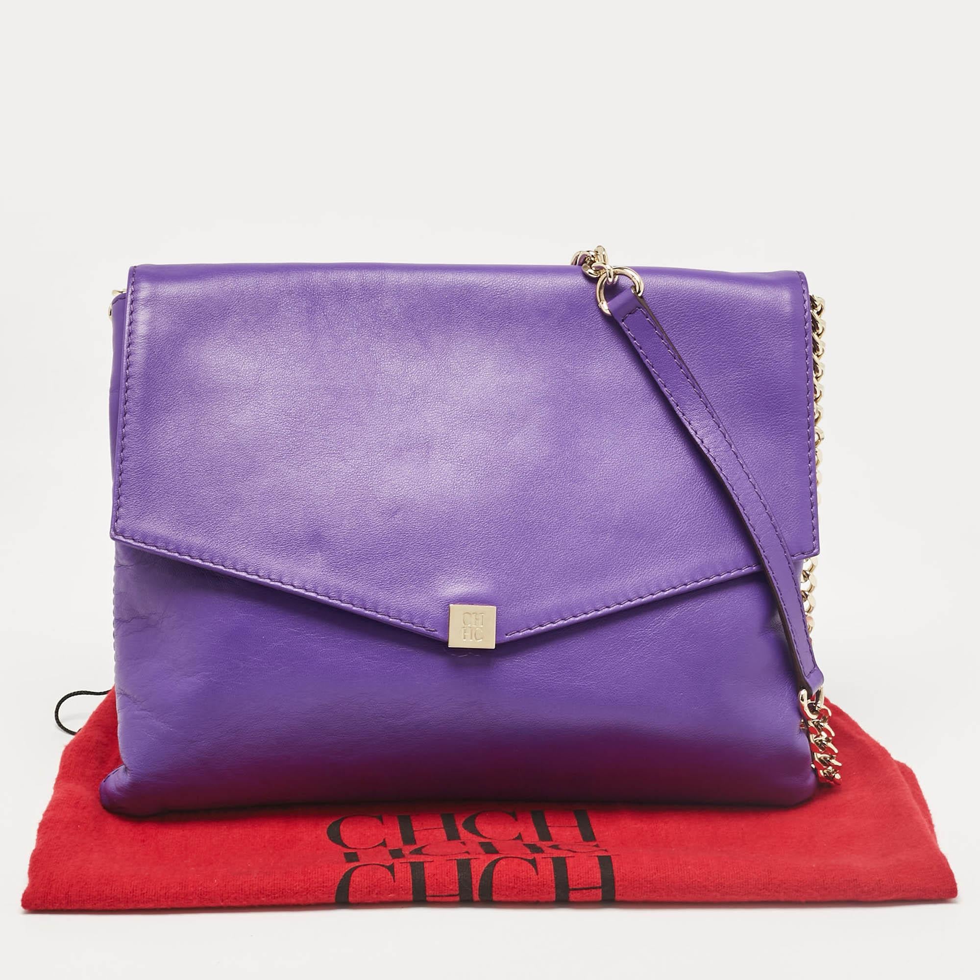 CH Carolina Herrera Purple Leather Flap Shoulder Bag For Sale 5