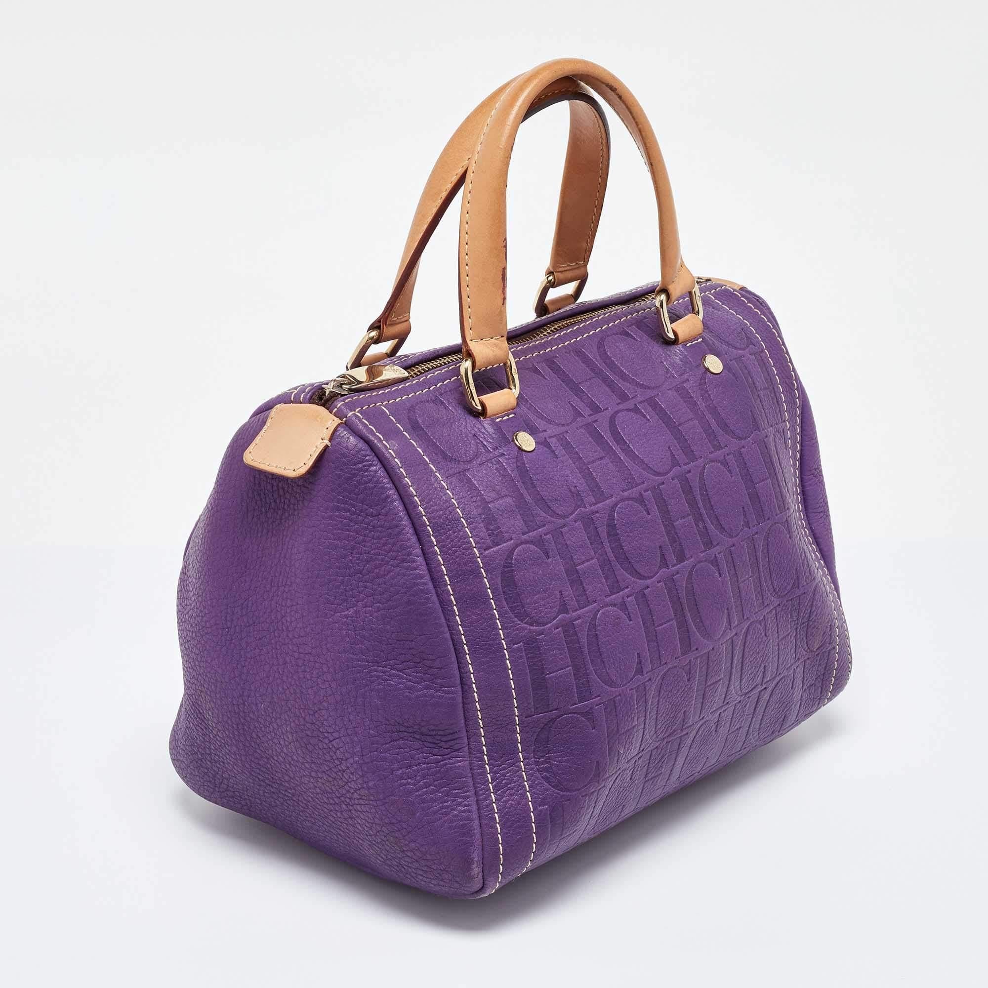 Gray CH Carolina Herrera Purple Monogram Leather Andy Boston Bag