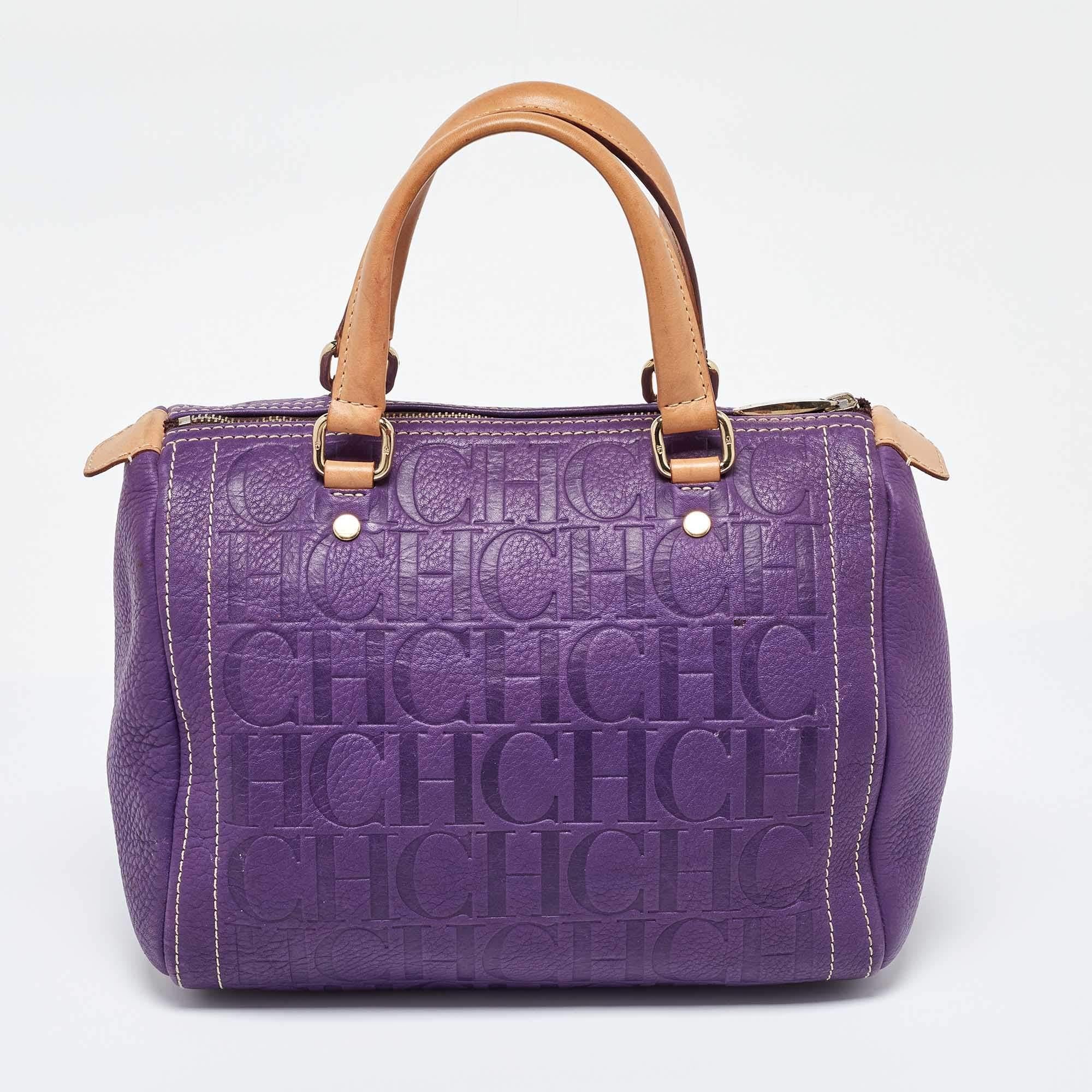 CH Carolina Herrera Purple Monogram Leather Andy Boston Bag In Good Condition In Dubai, Al Qouz 2