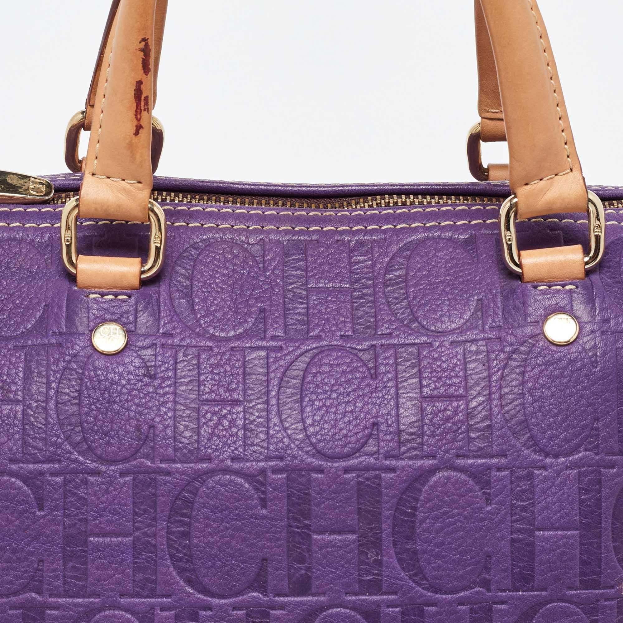 Women's CH Carolina Herrera Purple Monogram Leather Andy Boston Bag