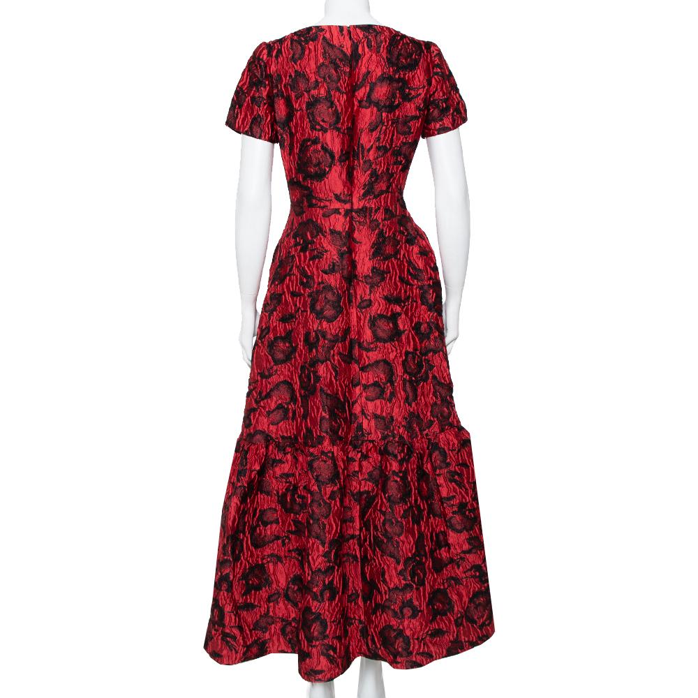 CH Carolina Herrera Red Black Floral Crinkled Brocade Flared Maxi Dress L