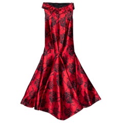CH Carolina Herrera Red & Black Floral Jacquard Strapless Mermaid Gown M