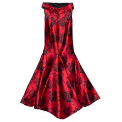 CH Carolina Herrera Rot-schwarzes trägerloses Meerjungfrauenkleid aus geblümtem Jacquard mit Blumenmuster M