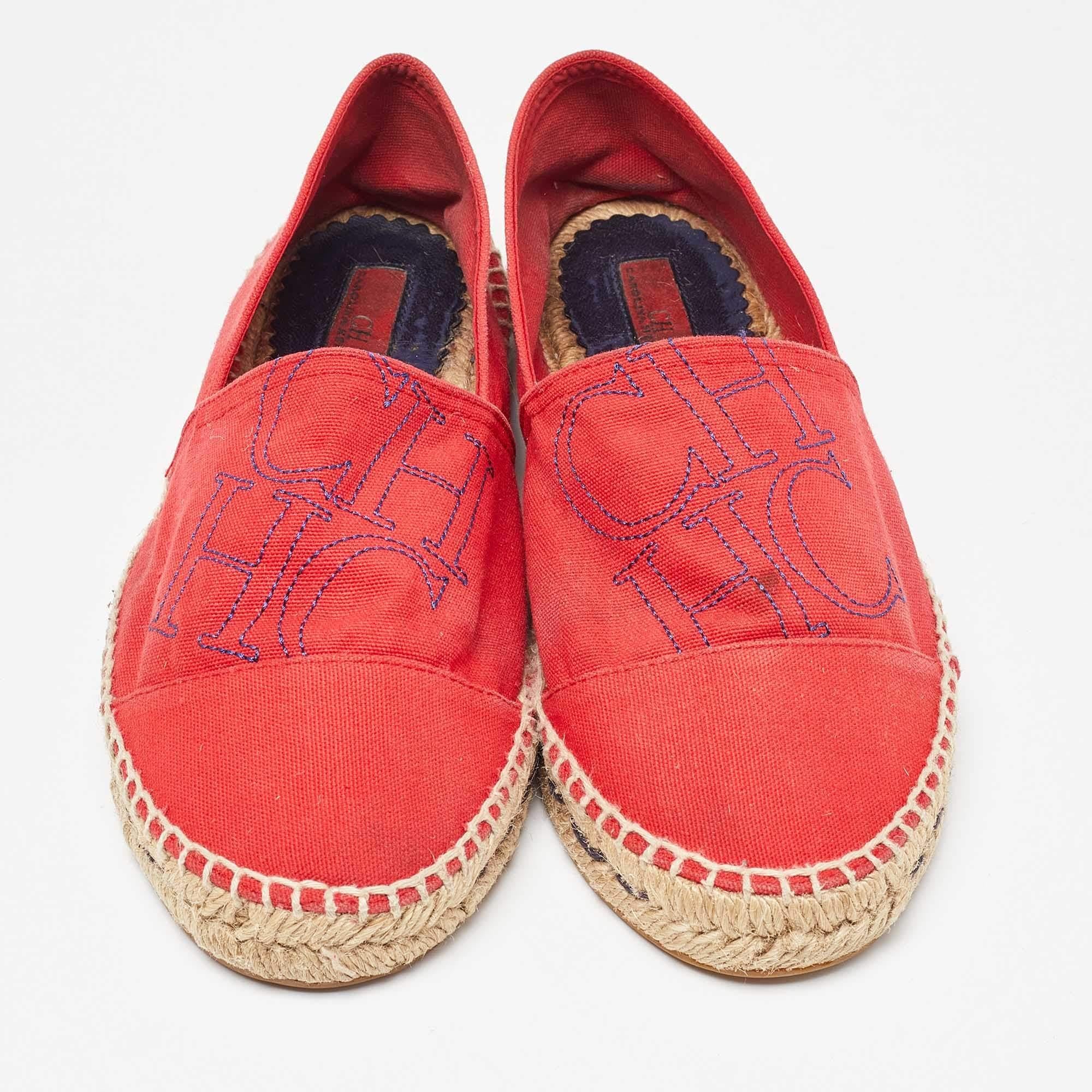 Rouge Carolina Herrera Espadrille plates en toile rouge, taille 40 en vente