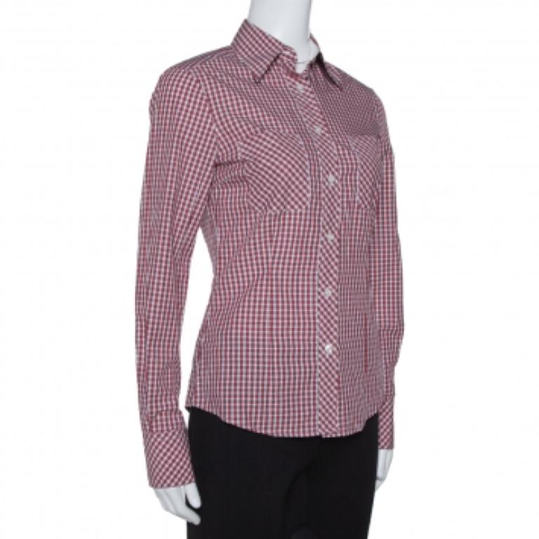 Gray CH Carolina Herrera Red Checked Cotton Long Sleeve Shirt S For Sale