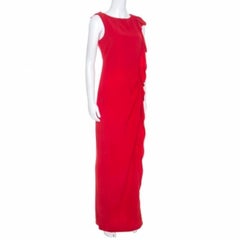 CH Carolina Herrera Red Crepe Ruffle Detail Sleeveless Maxi Dress S