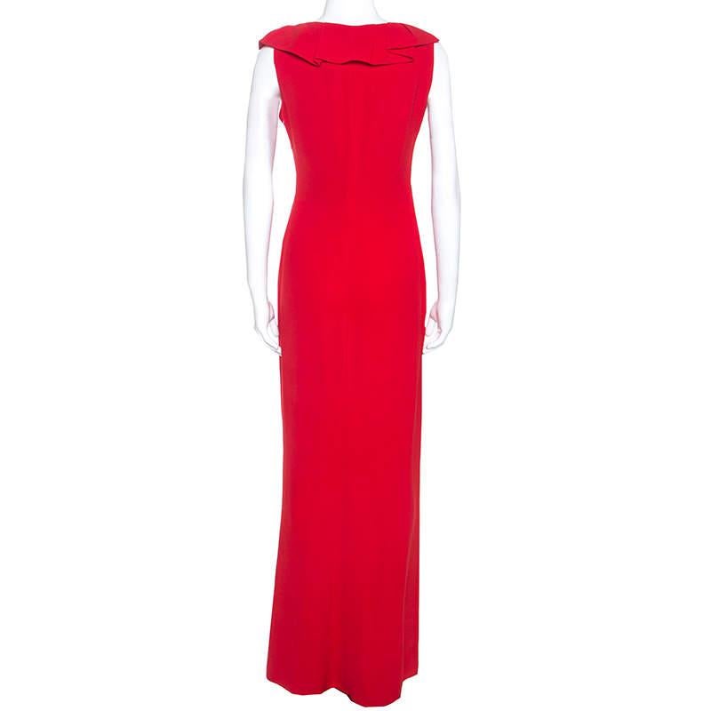 CH Carolina Herrera Red Crepe Ruffle Detail Sleeveless Maxi Dress S In Fair Condition In Dubai, Al Qouz 2