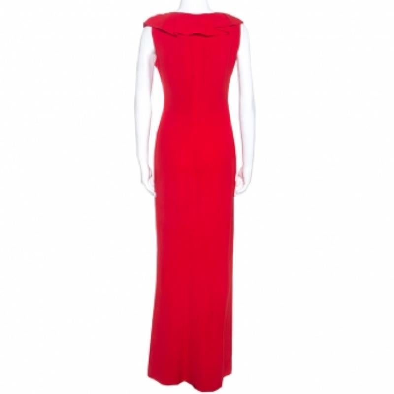 Rosso CH Carolina Herrera - Maxi abito senza maniche in crepe rossa con dettagli a volant S in vendita