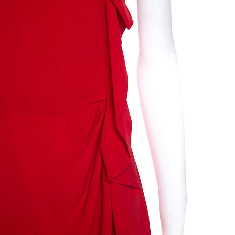 Women's CH Carolina Herrera Red Crepe Ruffle Detail Sleeveless Maxi Dress S