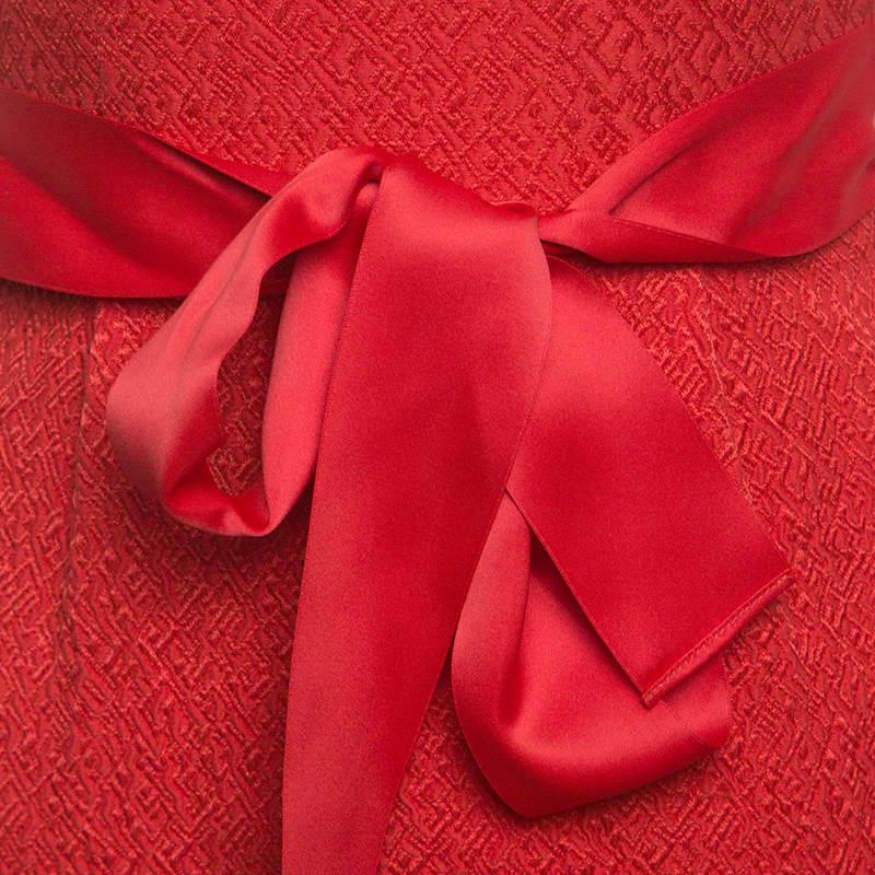 CH Carolina Herrera Red Embossed Jacquard Belted Sleeveless Dress XS 1