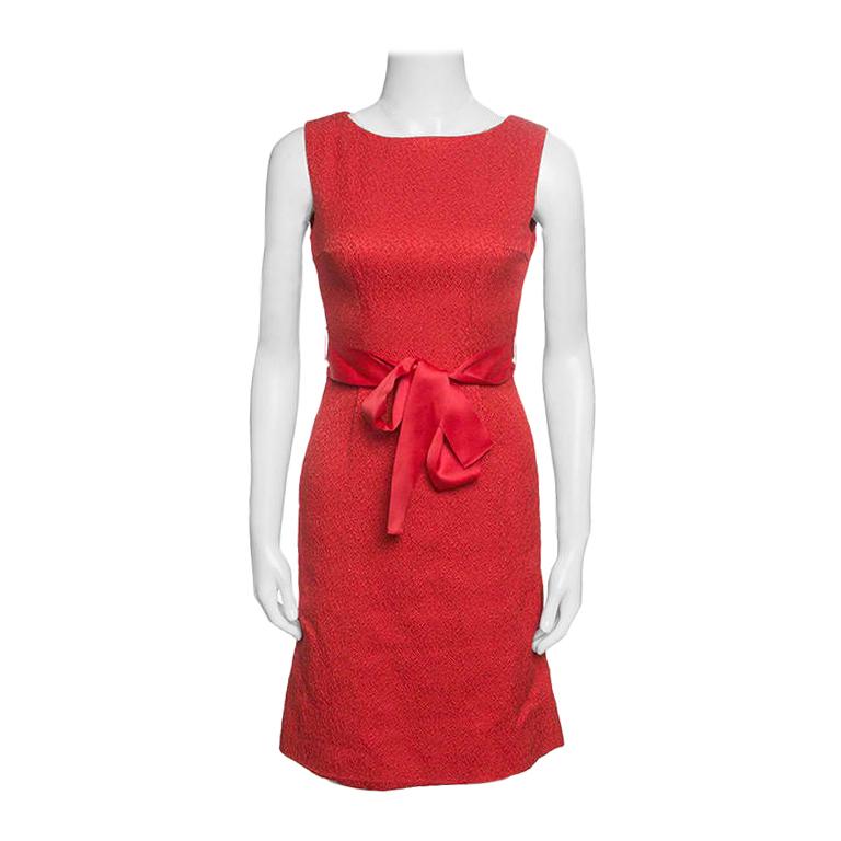 CH Carolina Herrera Red Embossed Jacquard Belted Sleeveless Dress XS