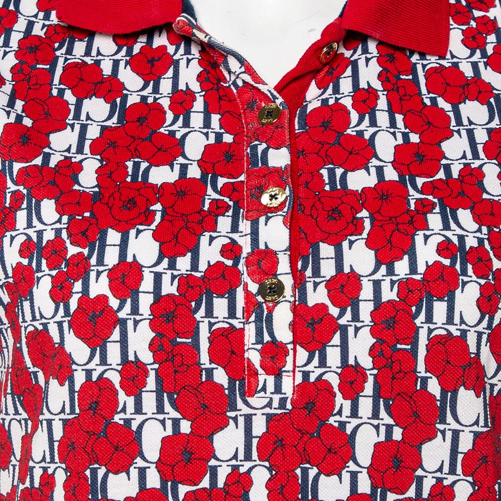 CH Carolina Herrera Red Floral & Logo Printed Cotton Pique Polo T-Shirt M In Good Condition In Dubai, Al Qouz 2