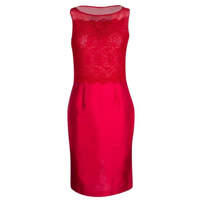 CH Carolina Herrera Red Lace and Organza Sleeveless Sheath Dress S For Sale