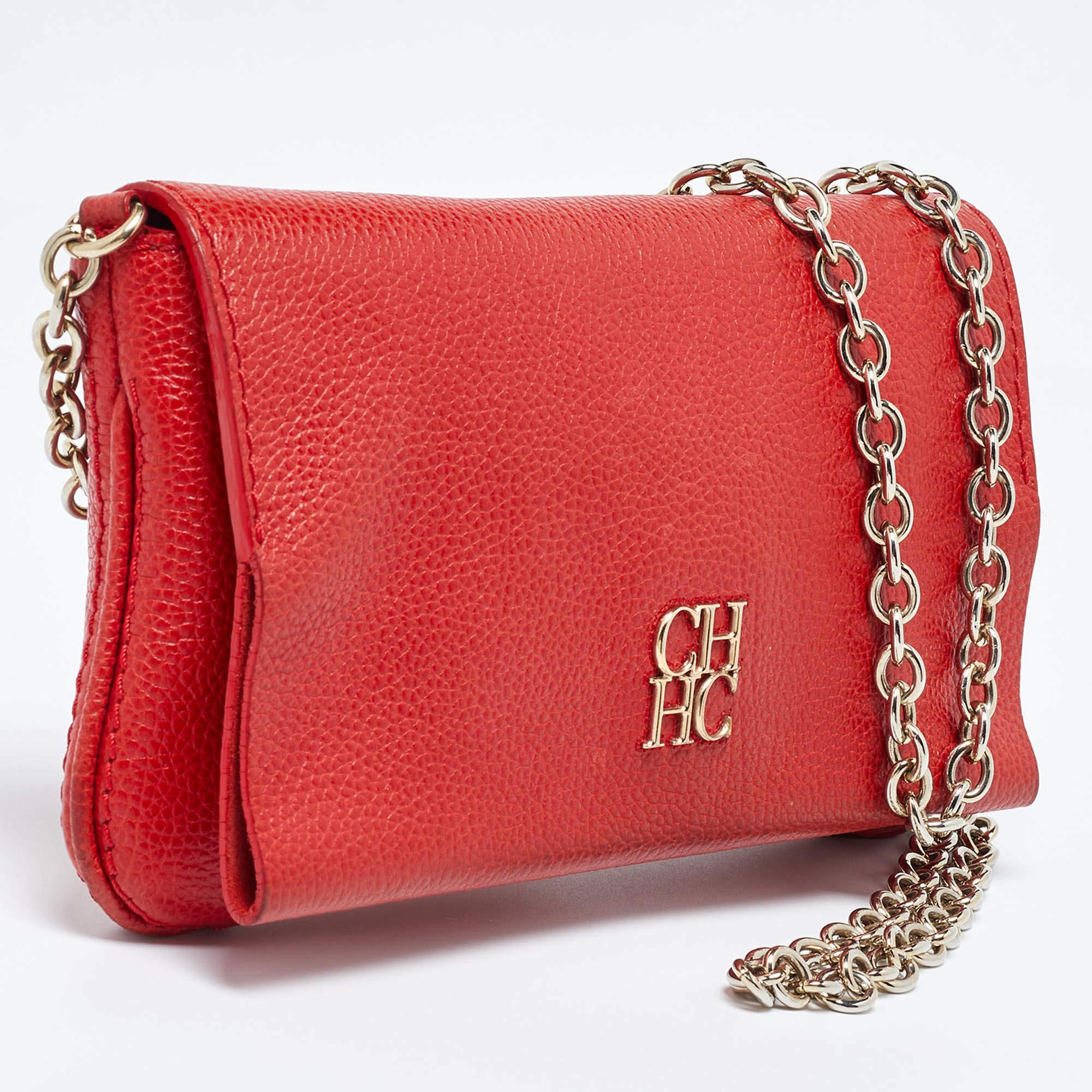 CH Carolina Herrera Bolso de hombro de piel roja con solapa y cadena Rojo en venta