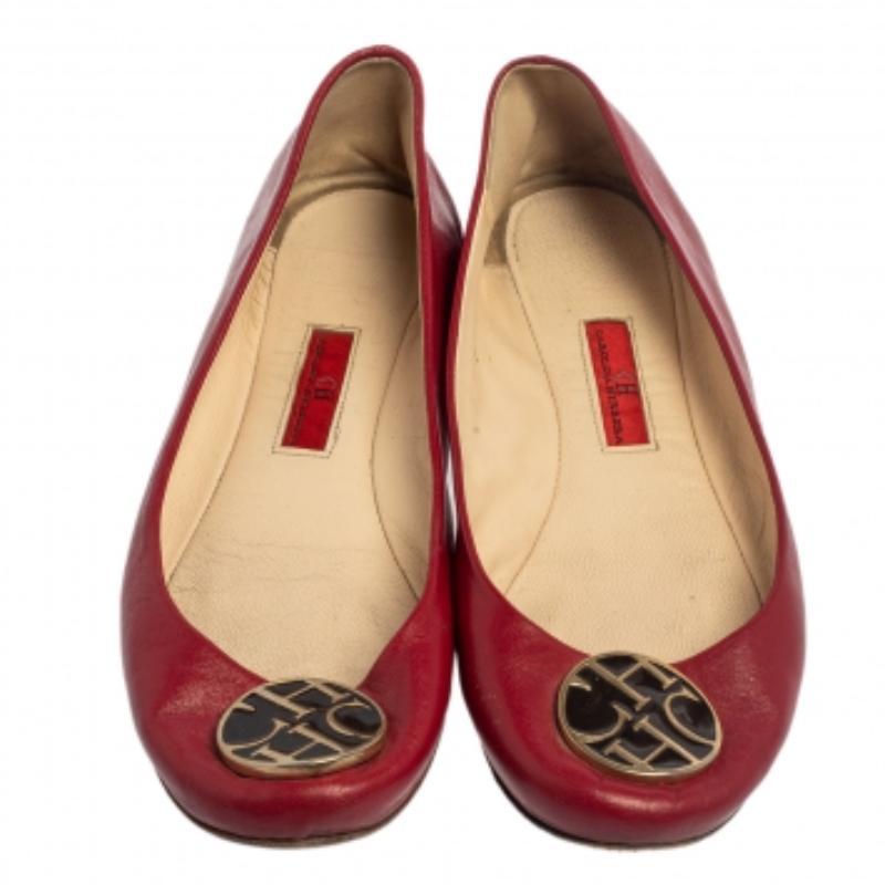 Brown CH Carolina Herrera Red Leather Logo Ballet Flats Size 37 For Sale