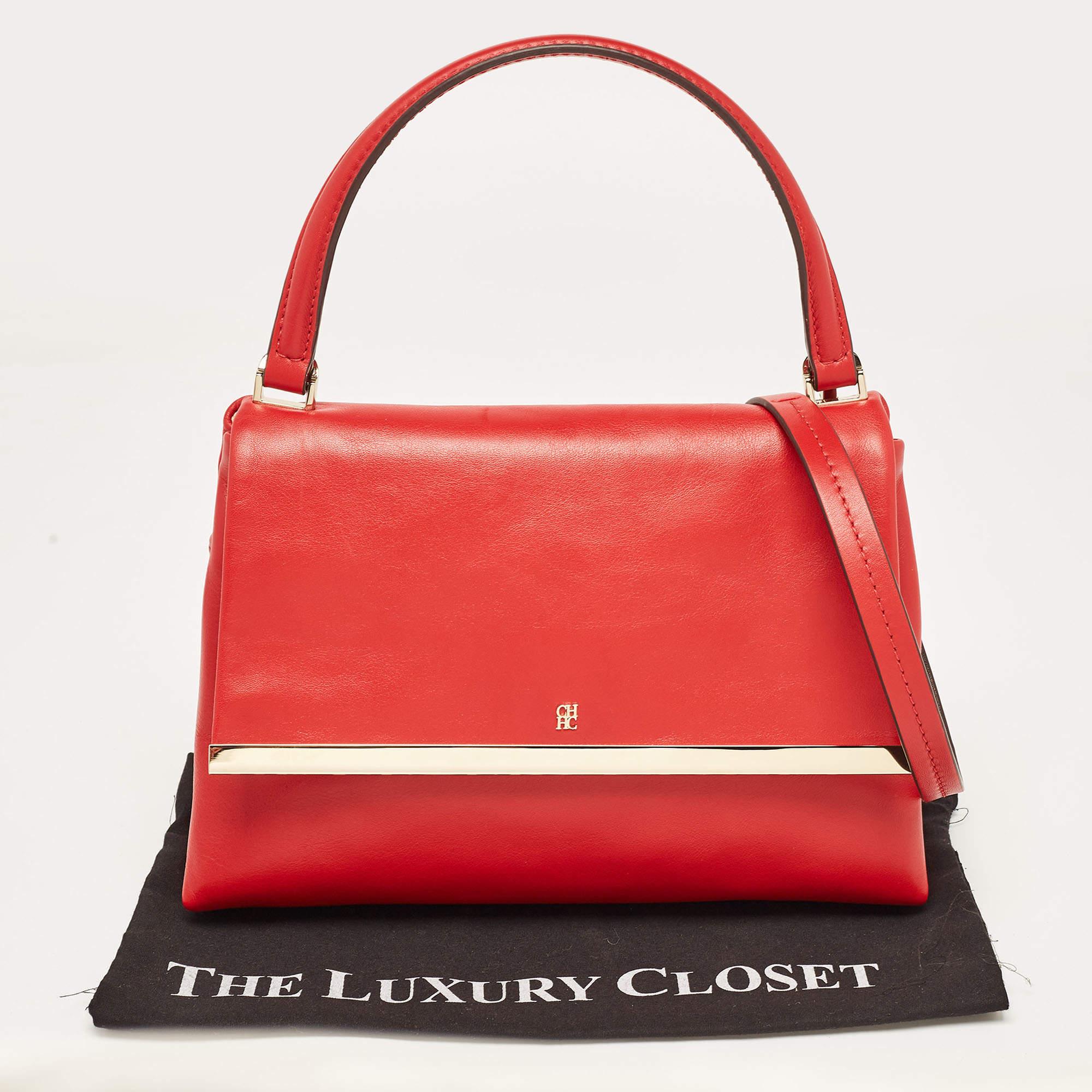 CH Carolina Herrera Red Leather Metal Bar Flap Top Handle Bag For Sale 8