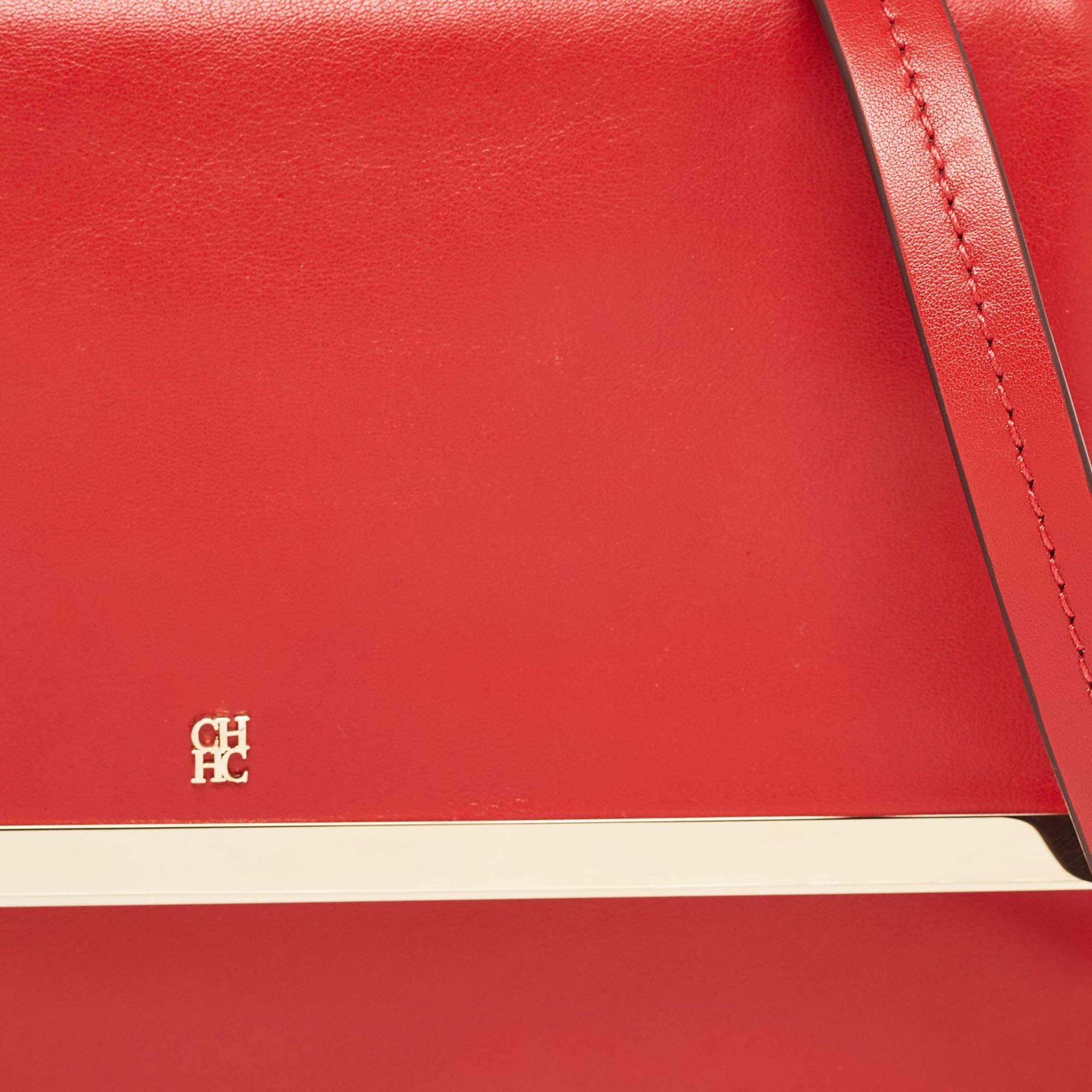 CH Carolina Herrera Red Leather Metal Bar Flap Top Handle Bag For Sale 5