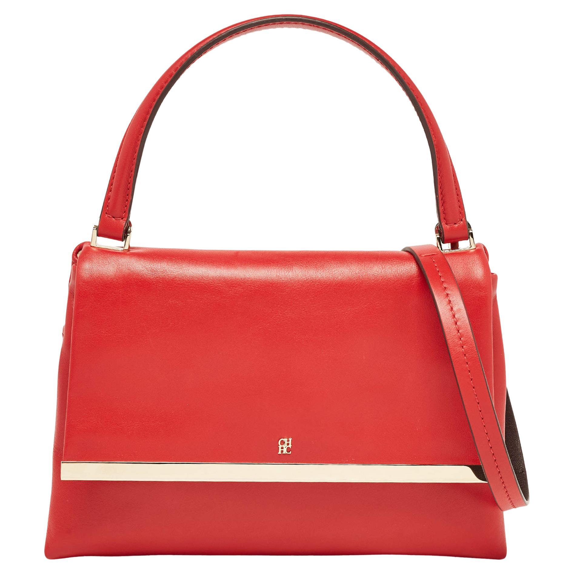 CH Carolina Herrera Red Leather Metal Bar Flap Top Handle Bag For Sale