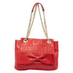 CH Carolina Herrera Red Monogram Embossed Leather Audrey Shoulder Bag