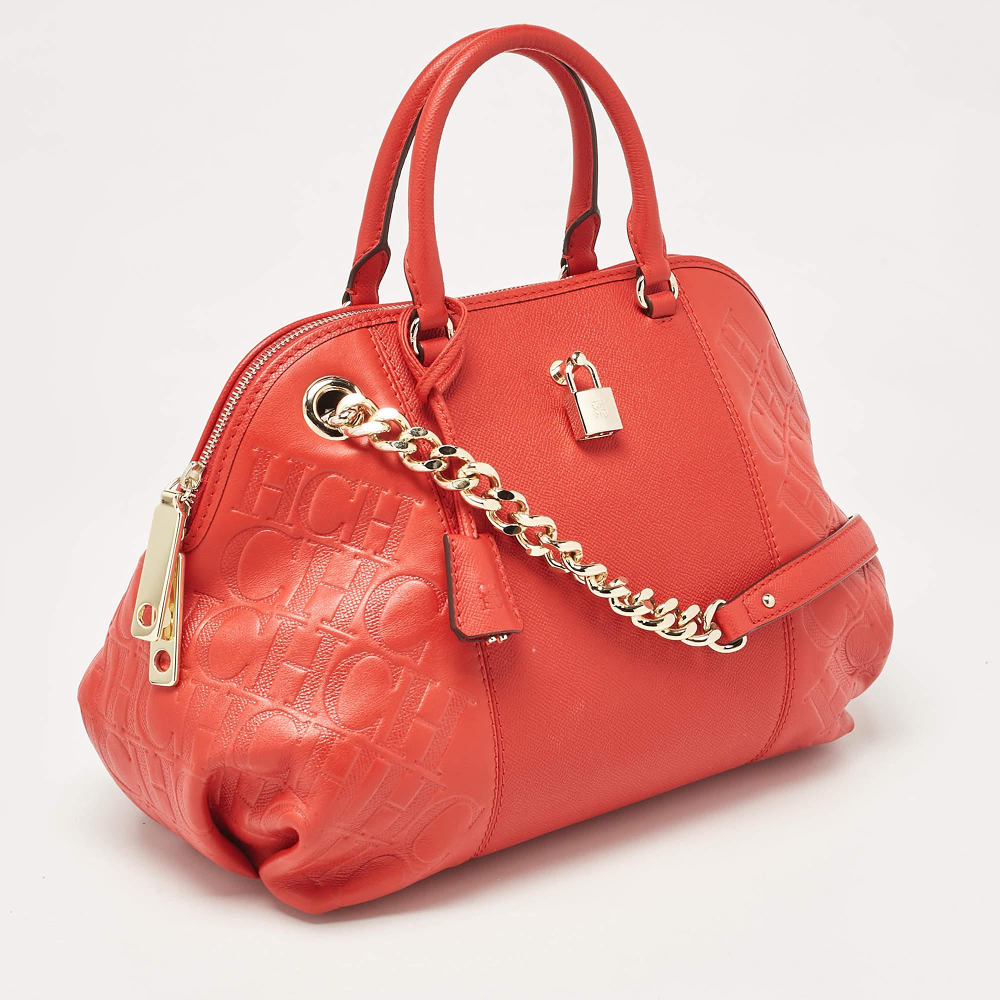 CH Carolina Herrera Red Monogram Leather Dahlia Satchel In Excellent Condition In Dubai, Al Qouz 2