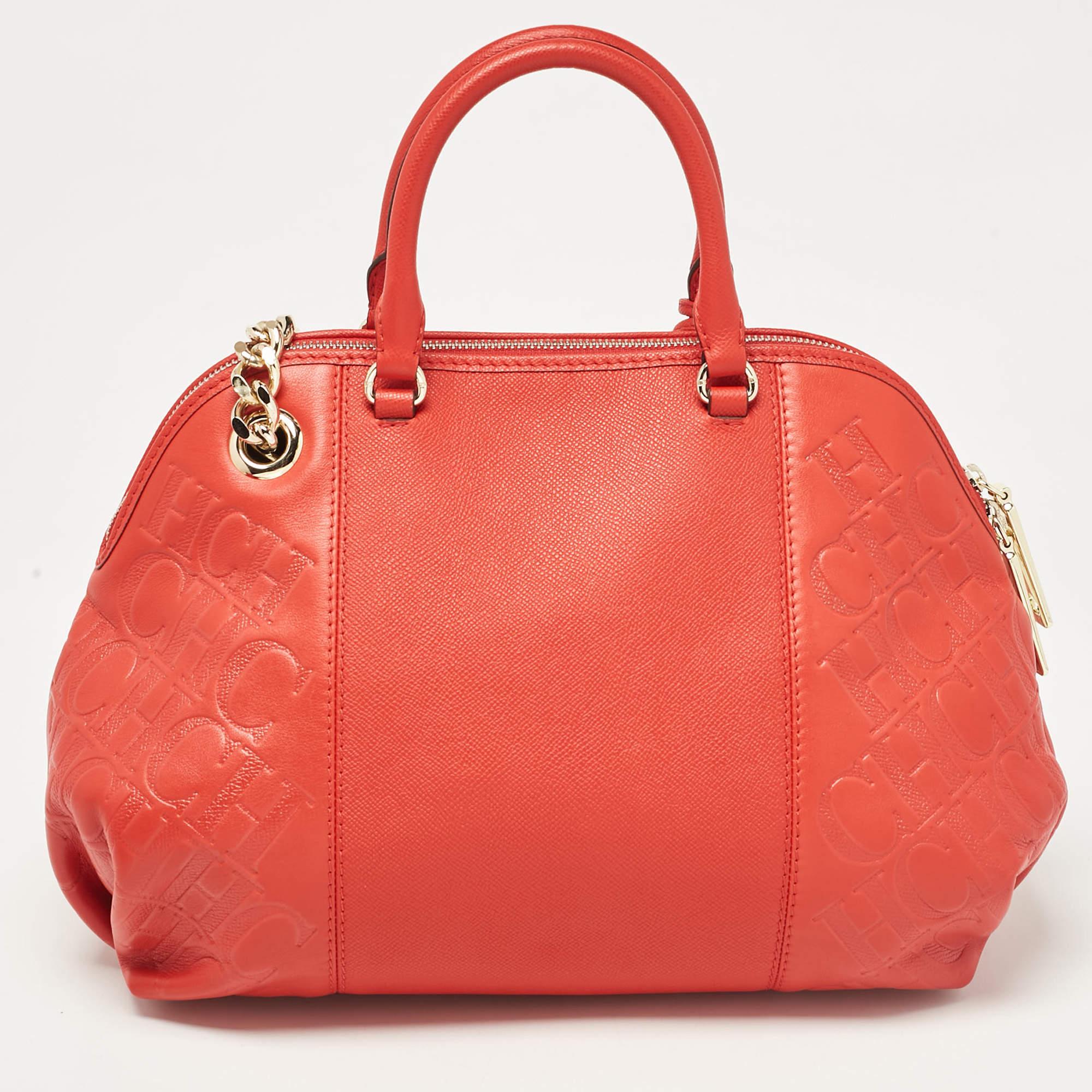 Women's CH Carolina Herrera Red Monogram Leather Dahlia Satchel