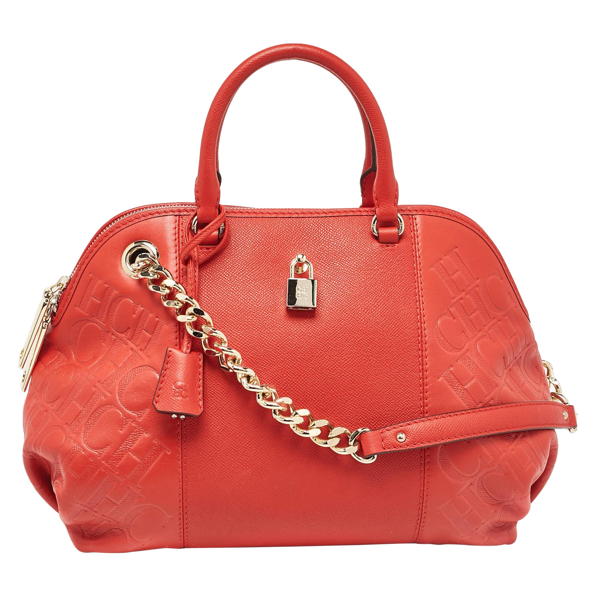 CH Carolina Herrera Red Monogram Leather Dahlia Satchel