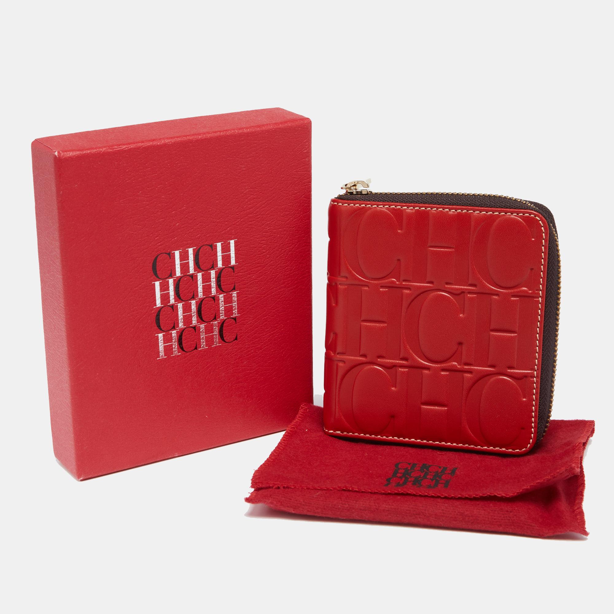 CH Carolina Herrera Red Monogram Leather Zip Around Wallet 3