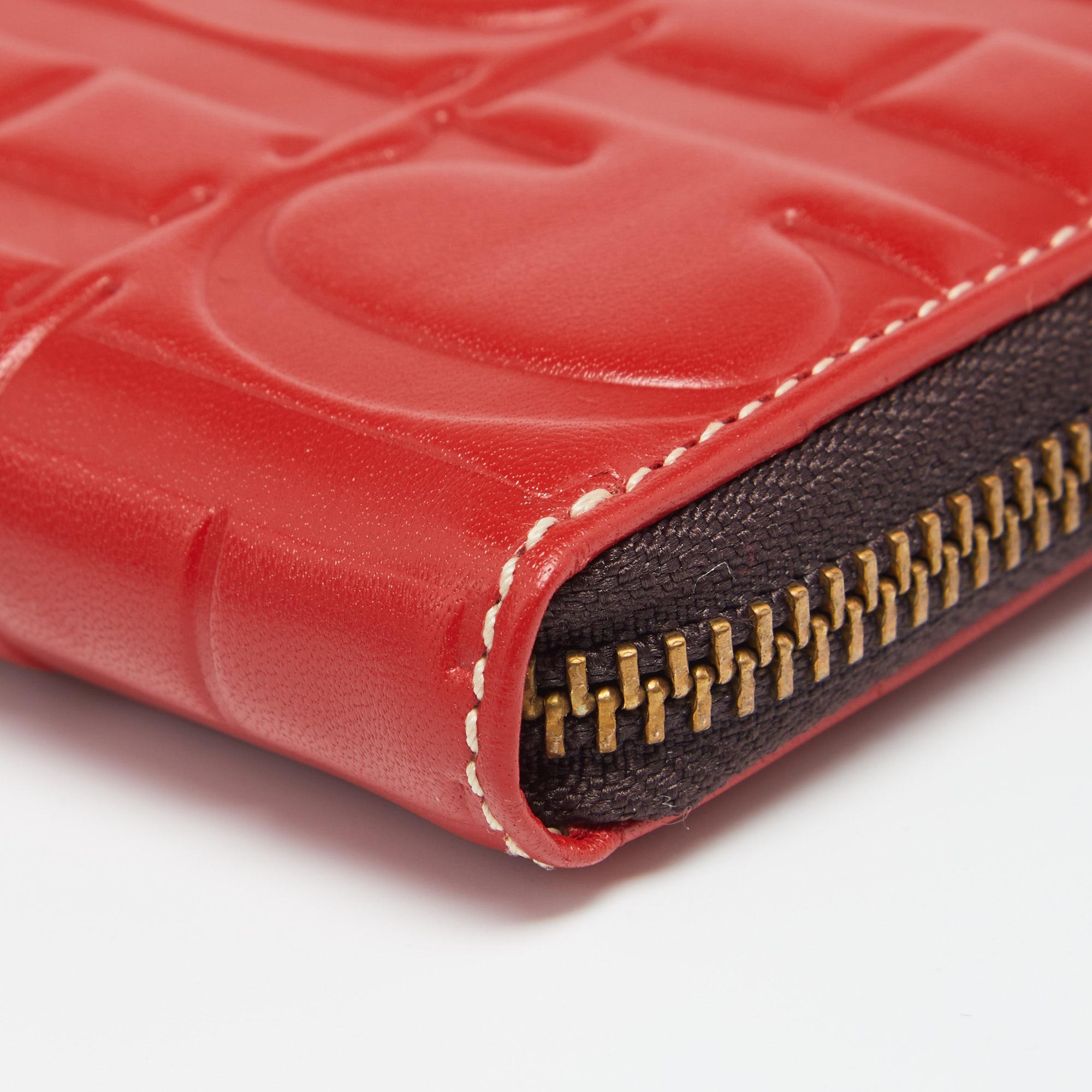 CH Carolina Herrera Red Monogram Leather Zip Around Wallet 2