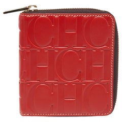 CH Carolina Herrera Red Monogram Leather Zip Around Wallet