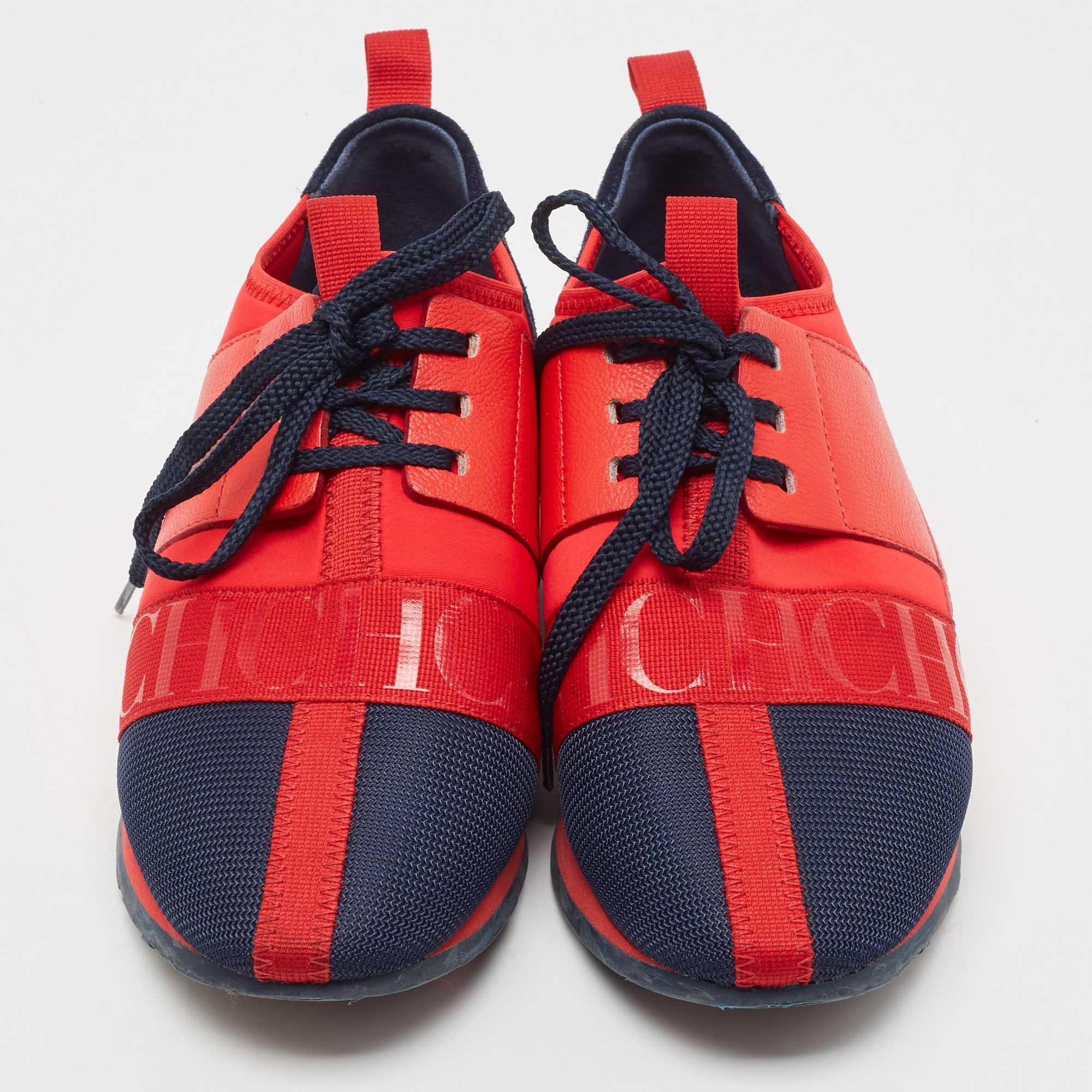 Women's CH Carolina Herrera Red/Navy Blue Leather and Suede Low Top Sneakers Size 36 For Sale