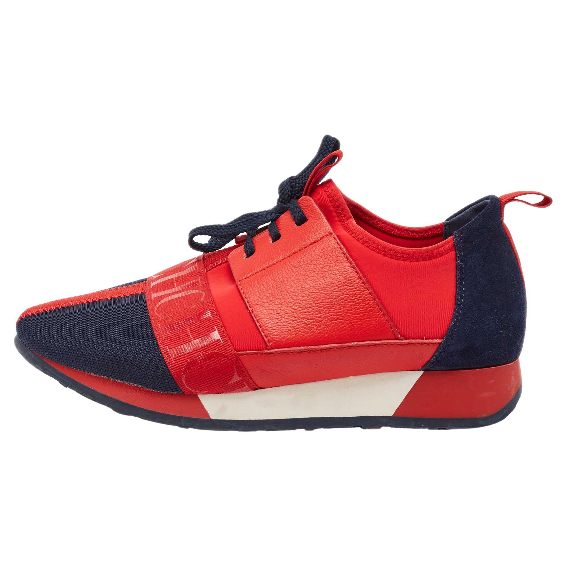 CH Carolina Herrera Red/Navy Blue Leather and Suede Low Top Sneakers Size 36 For Sale