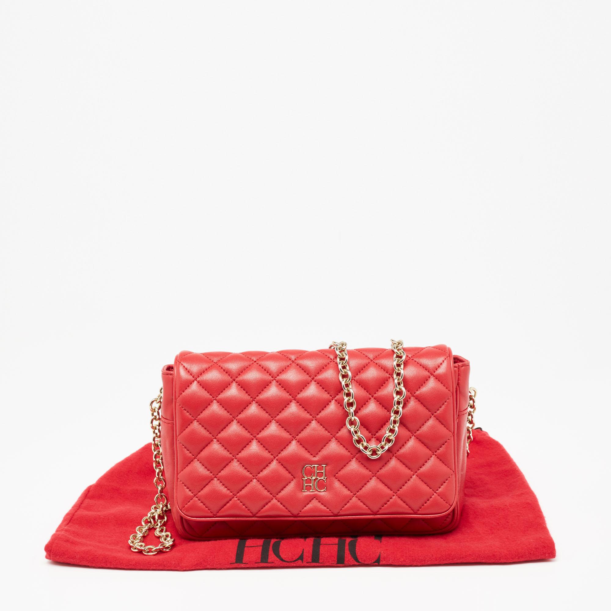 CH Carolina Herrera Red Quilted Leather Flap Chain Shoulder Bag 3