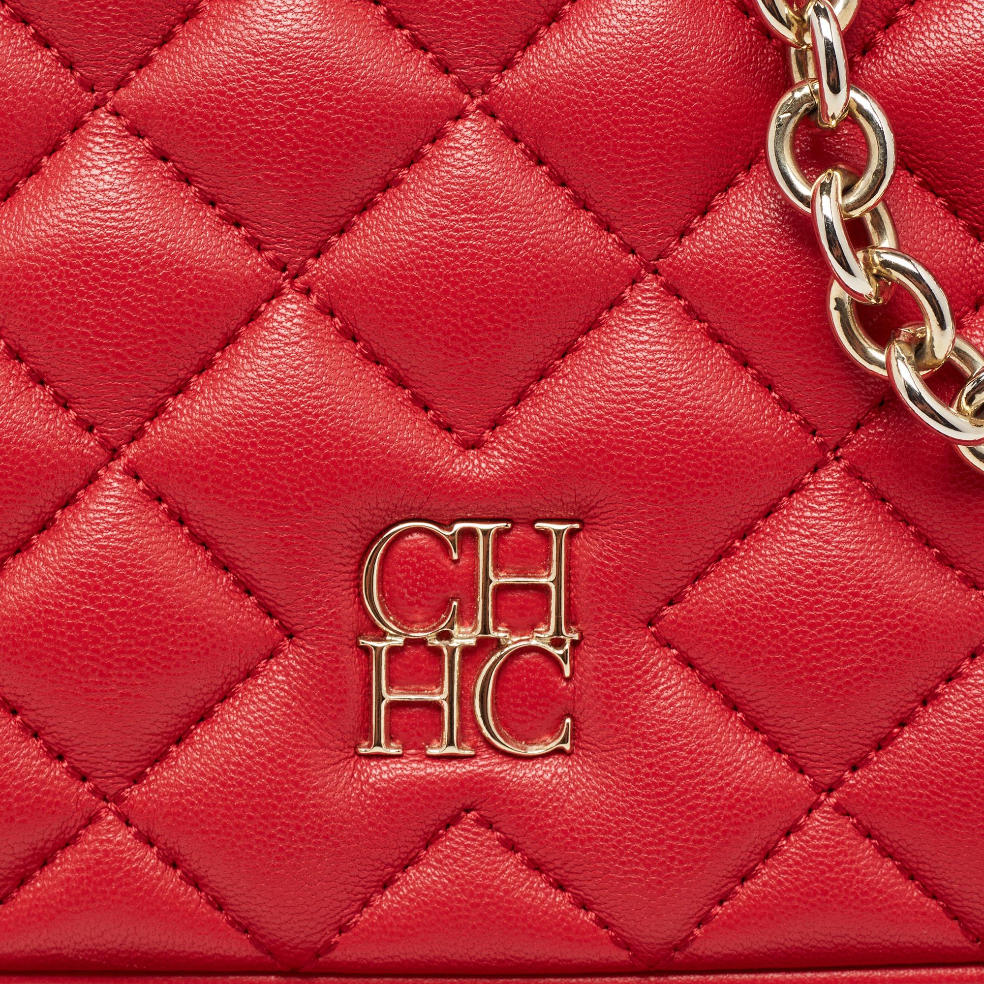 CH Carolina Herrera Red Quilted Leather Flap Chain Shoulder Bag 4