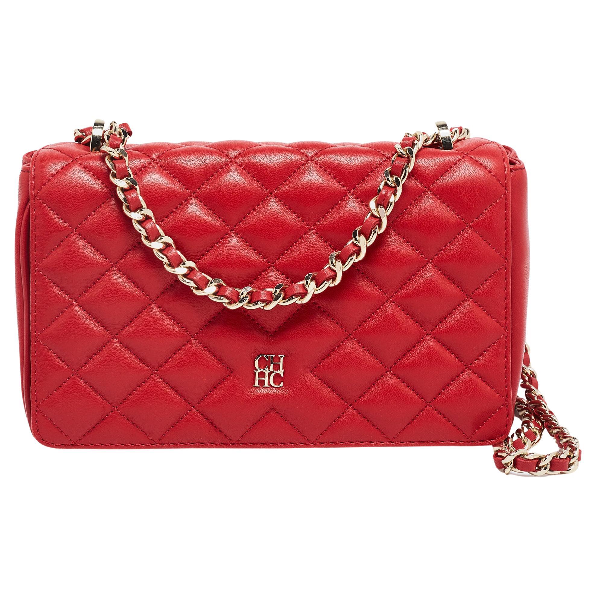 CH Carolina Herrera Red Leather Flap Chain Shoulder Bag For Sale at 1stDibs