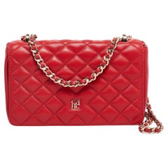 CH Carolina Herrera Red Quilted Leather Flap Chain Shoulder Bag