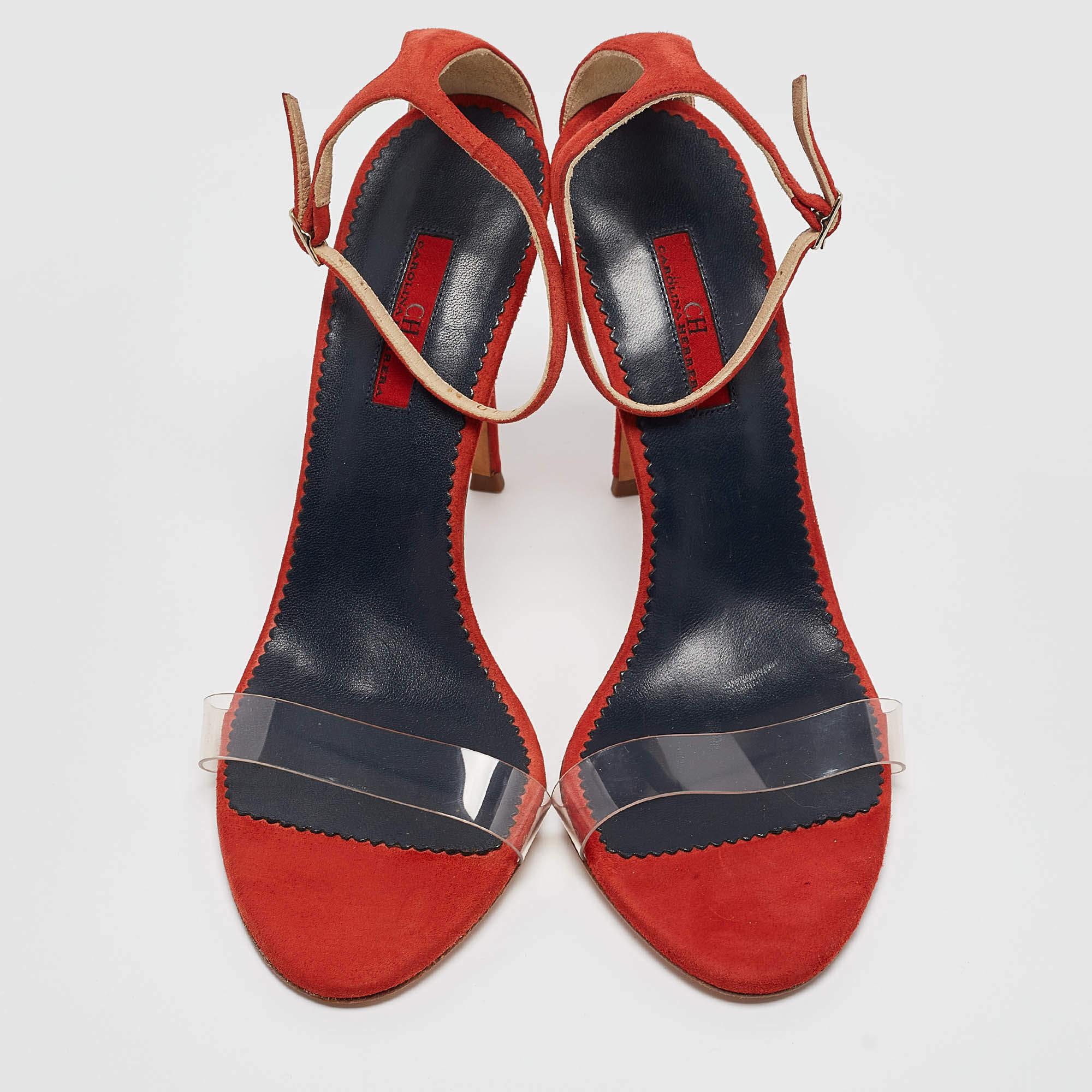 Rouge Carolina Herrera - Sandales à lanières à la cheville en daim rouge et PVC, taille 40 en vente