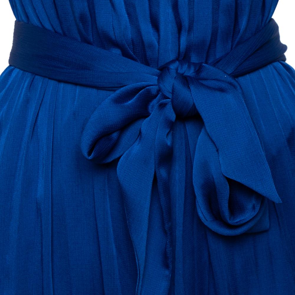 CH Carolina Herrera Royal Blue Satin Pleated Sleeveless Maxi Dress S In Good Condition In Dubai, Al Qouz 2