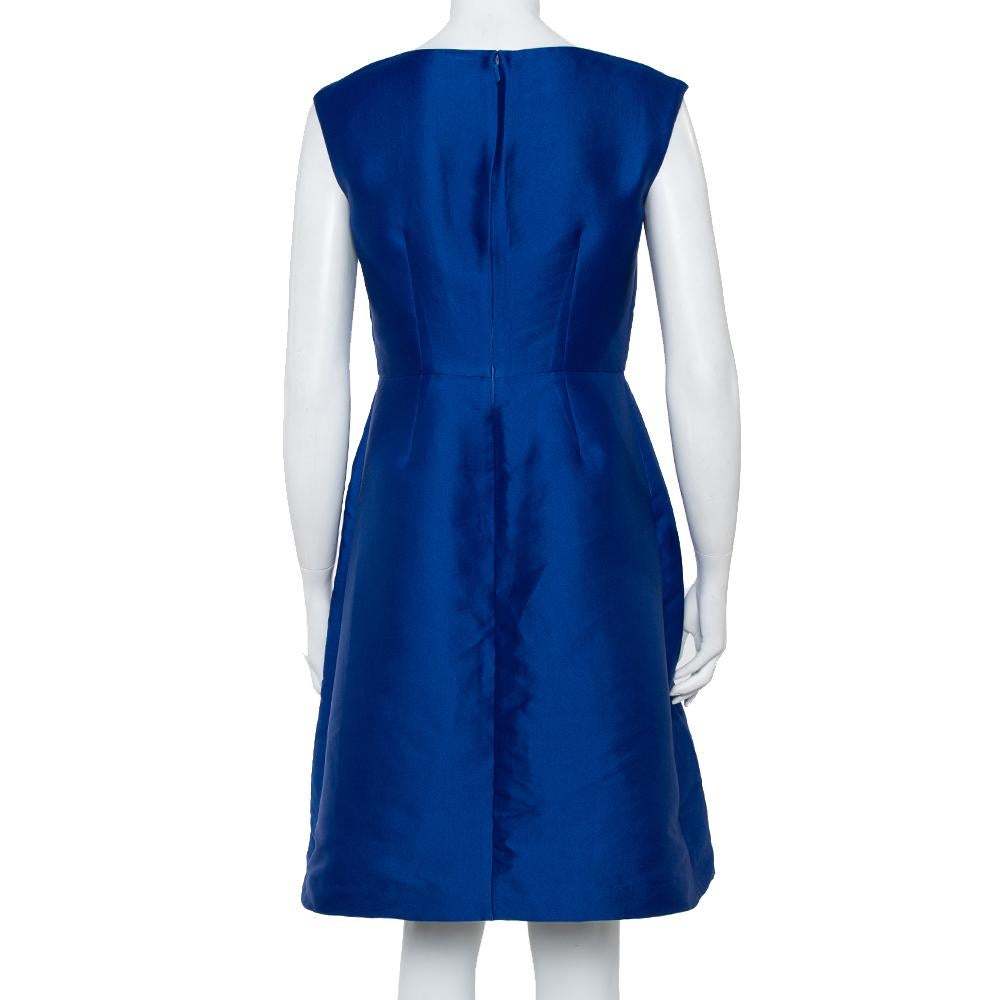 CH Carolina Herrera Royal Blue Silk Draped Detail Flared Dress S For ...