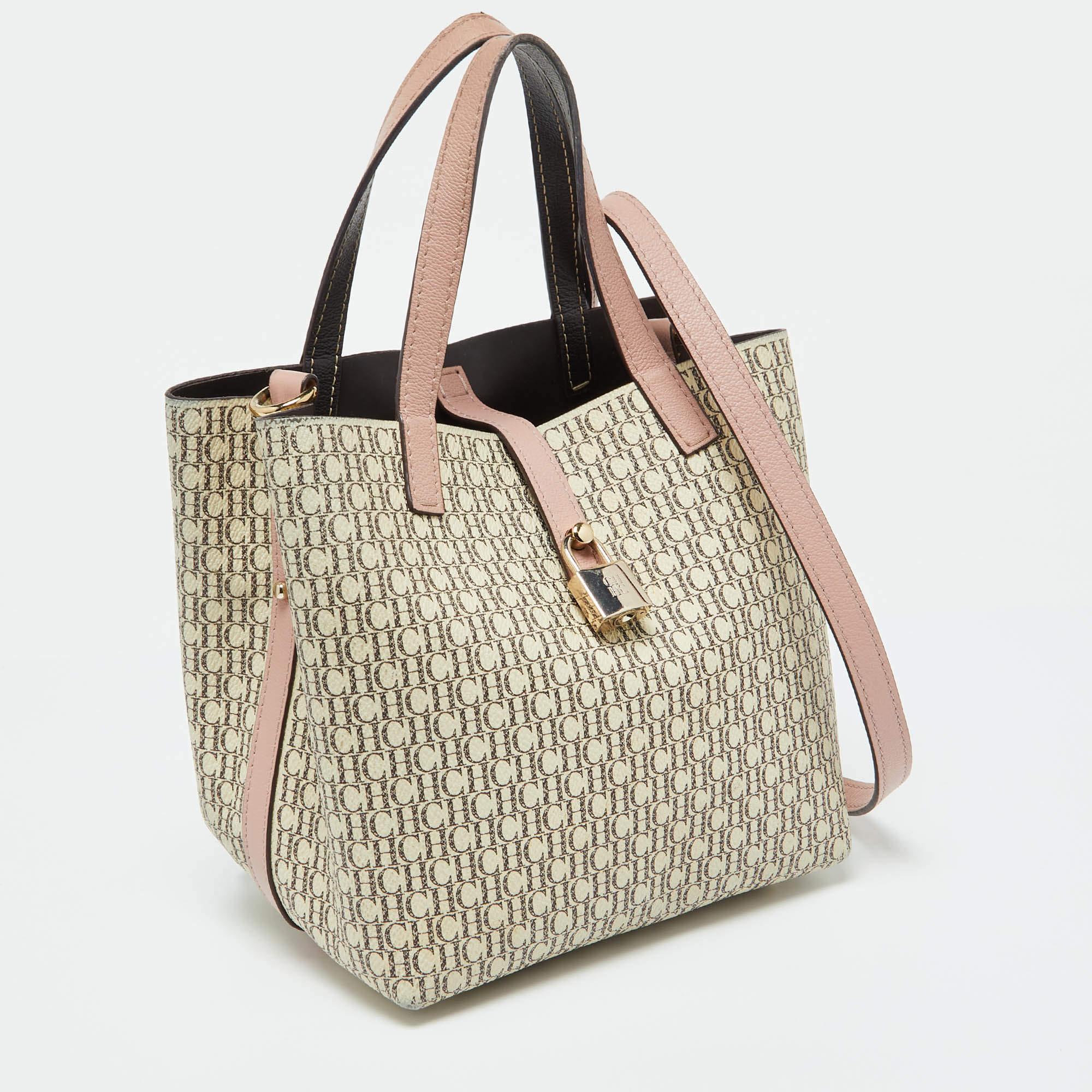 Beige CH Carolina Herrera Signature Coated Canvas Leather Matryoshka Padlock Tote