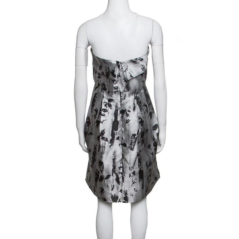CH Carolina Herrera Silver and Black Floral Jacquard Strapless Dress S ...