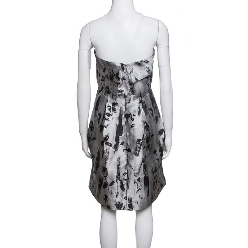 Gray CH Carolina Herrera Silver and Black Floral Jacquard Strapless Dress S