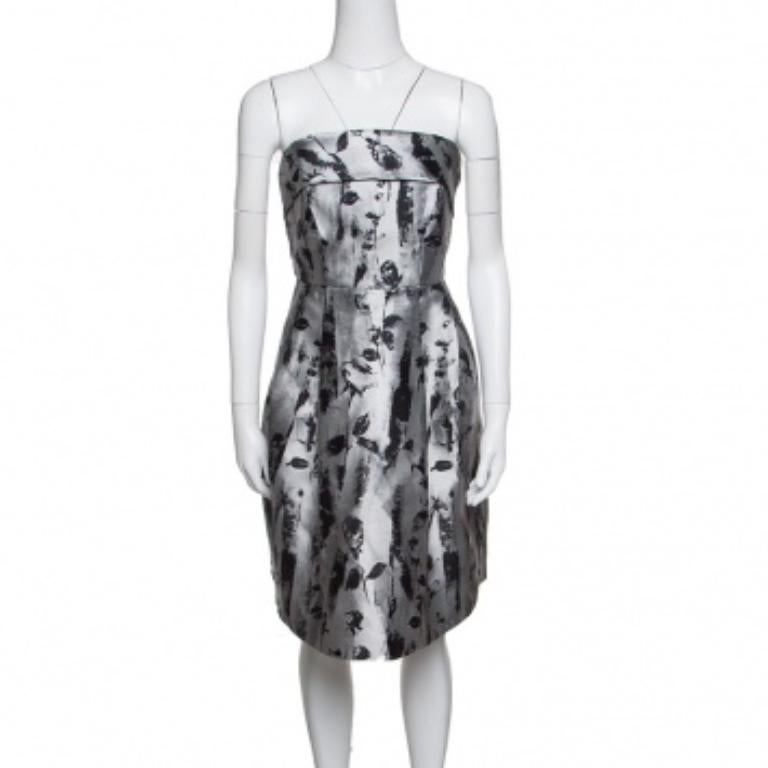 CH Carolina Herrera Vestido sin tirantes en jacquard floral plateado y negro S Gris en venta