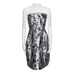 CH Carolina Herrera Silver and Black Floral Jacquard Strapless Dress S