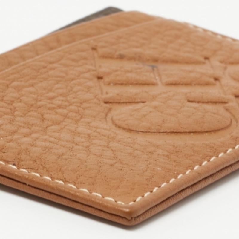 Brown CH Carolina Herrera Tan Monogram Embossed Leather Card Holder For Sale