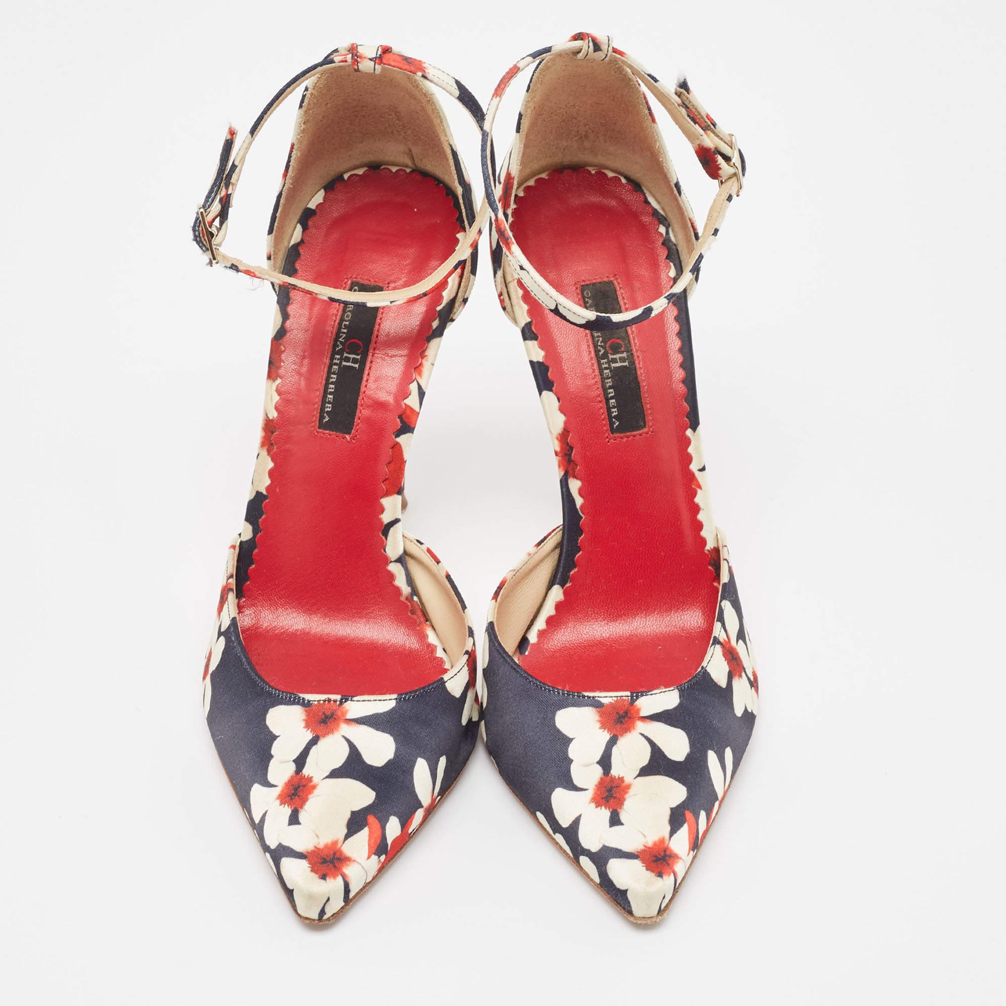 Beige CH Carolina Herrera Tricolor Floral Print Satin Ankle Strap Pumps Size 37 For Sale