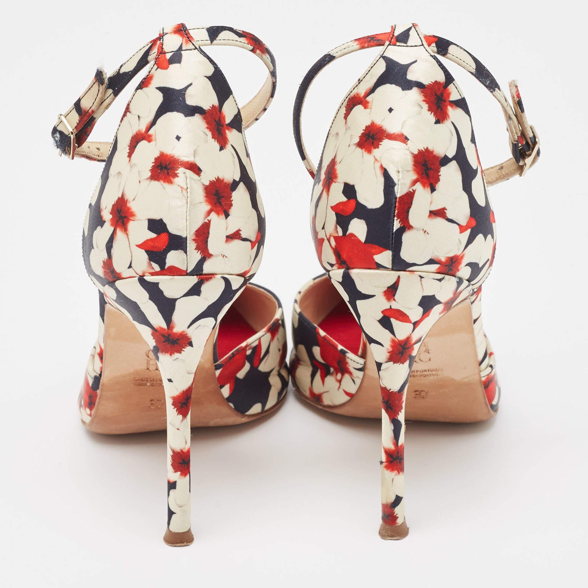 Women's CH Carolina Herrera Tricolor Floral Print Satin Ankle Strap Pumps Size 37 For Sale