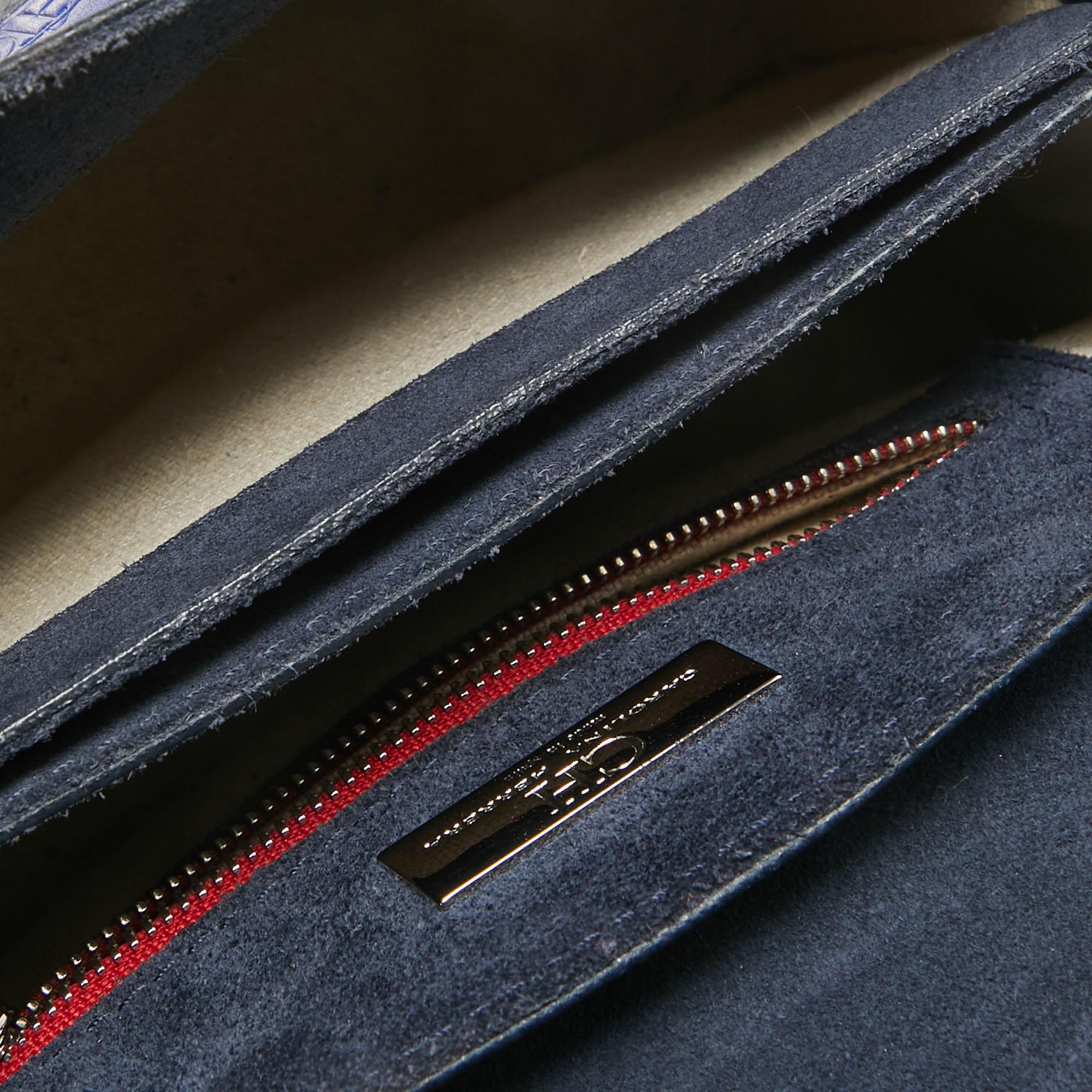 CH Carolina Herrera Two Tone Blue Monogram Leather Top Handle Bag For Sale 6