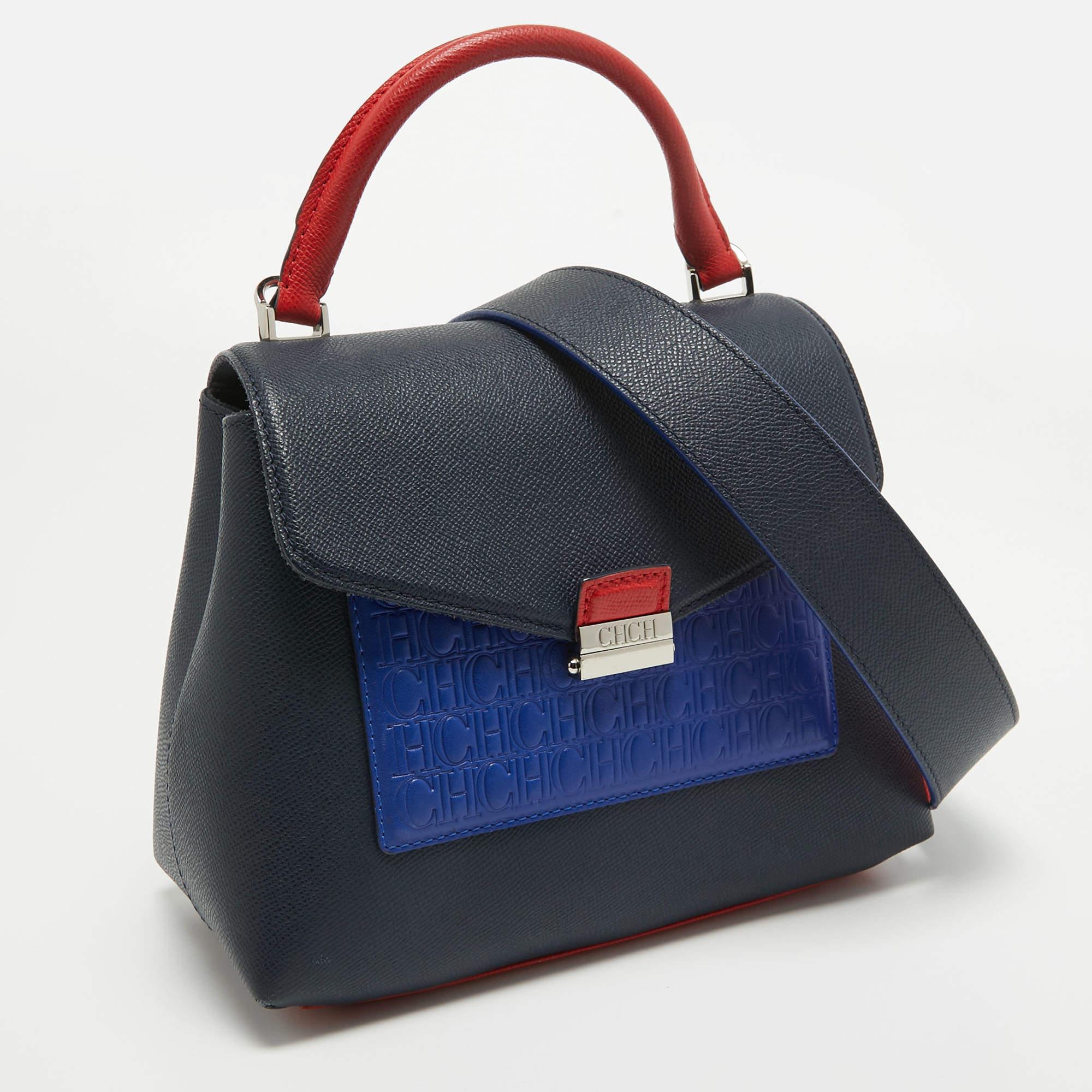 Black CH Carolina Herrera Two Tone Blue Monogram Leather Top Handle Bag